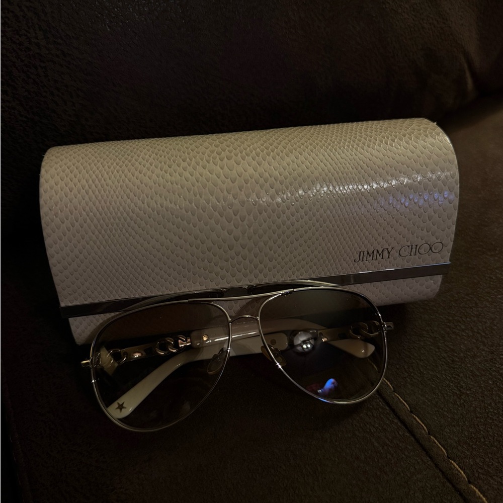 Jimmy Choo Silver Aviator Sunglasses with White Snakeskin Case